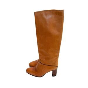 Vintage Italian Tall Brown Leather Heeled Boots Womens 6 6.5 70s Academia Fall